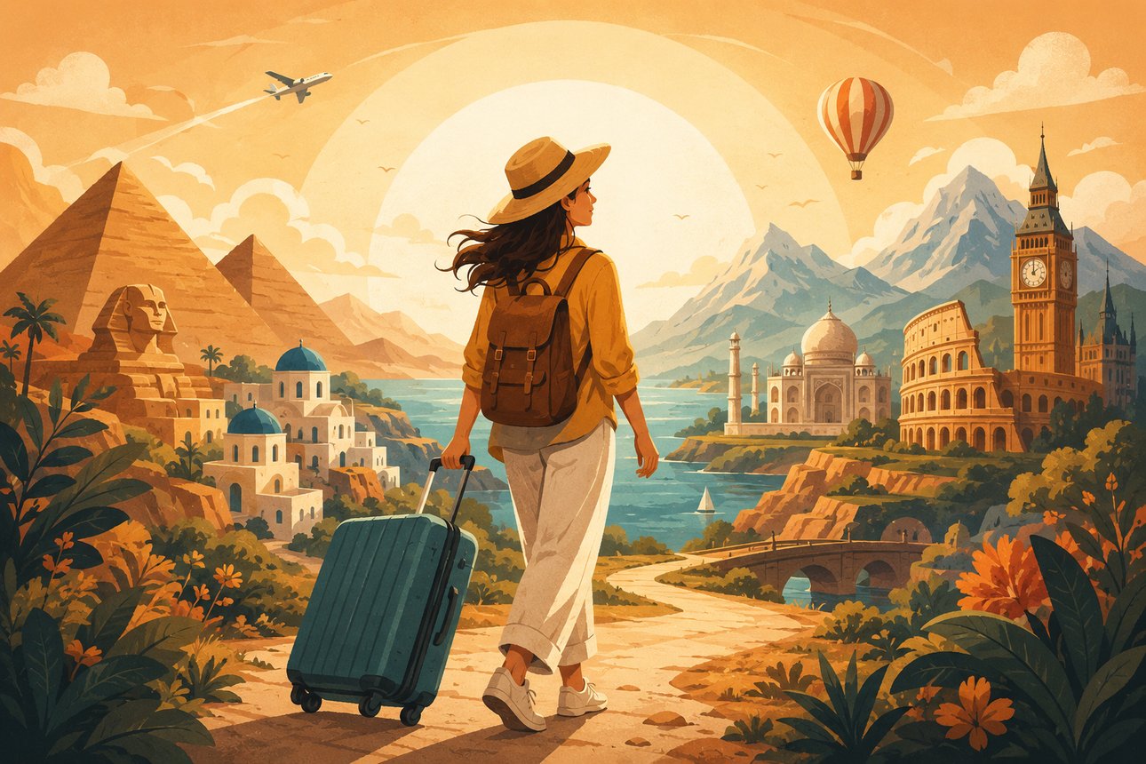 Illustration of a traveller walking toward famous world landmarks