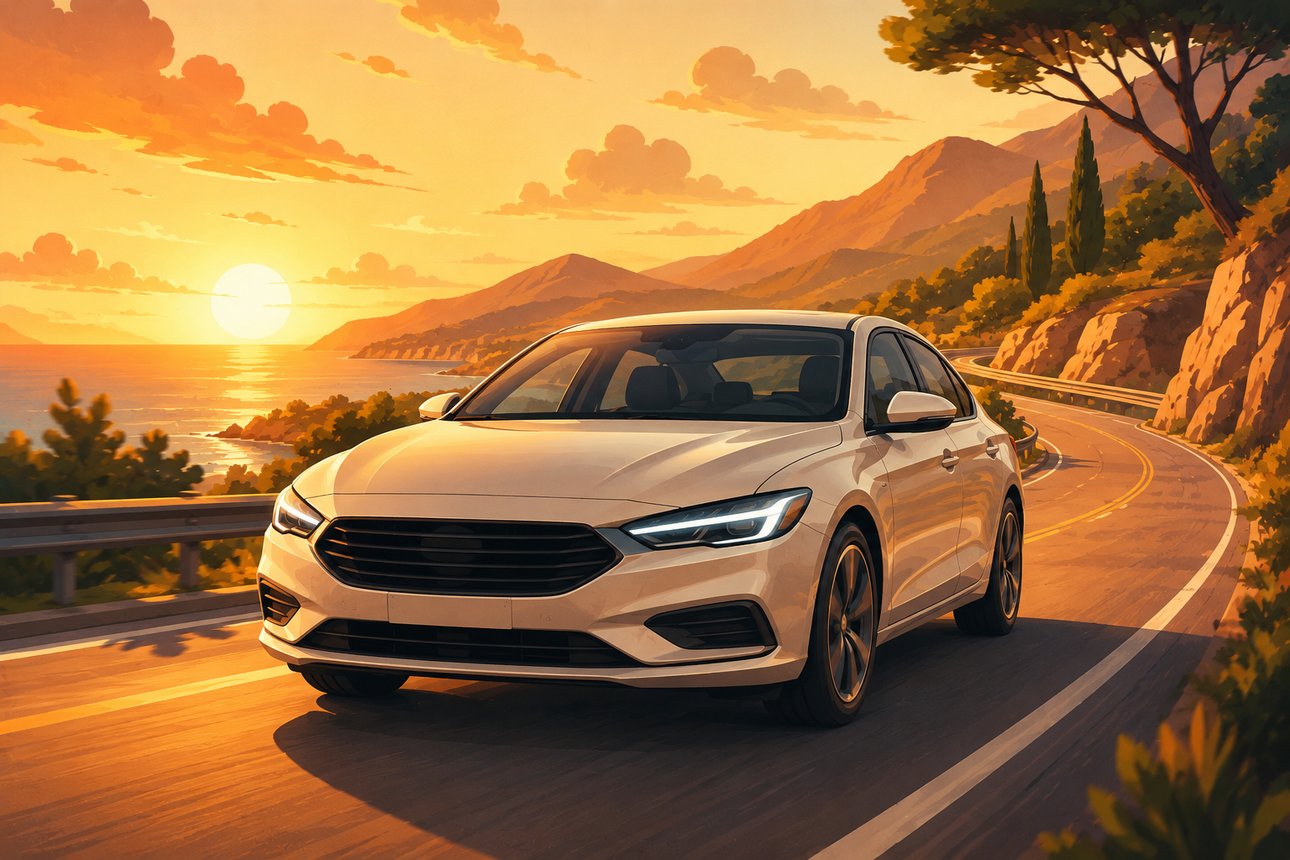 Illustration of a family car on a scenic road